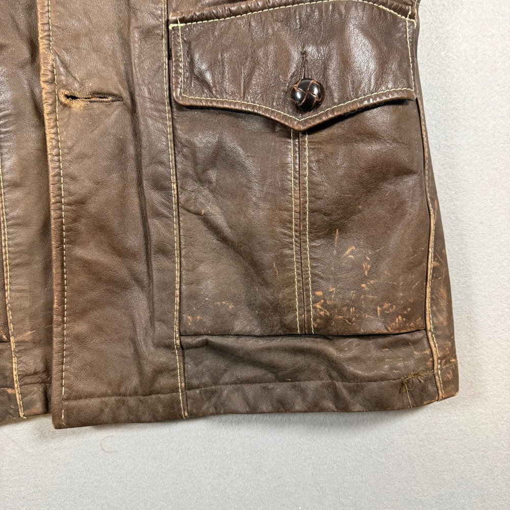 Vintage 70's Towncraft Leather Jacket Safari Coat Size 38 Brown Front Pockets - Picture 9 of 15